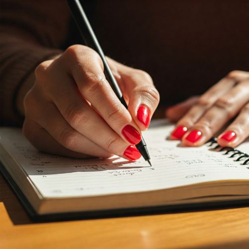 A woman writing in a notebook, symbolizing deep personal reflections
