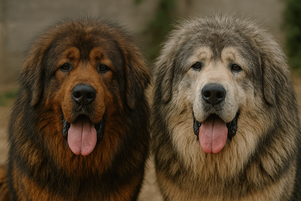 Two Tibetan Mastiffs panting in a hot climate — the image reflects the need to raise your voice for animal welfare.